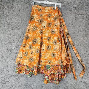 Kariza Skirt Womens Large Orange Polyester Silk Blend Floral Reversible Wrap